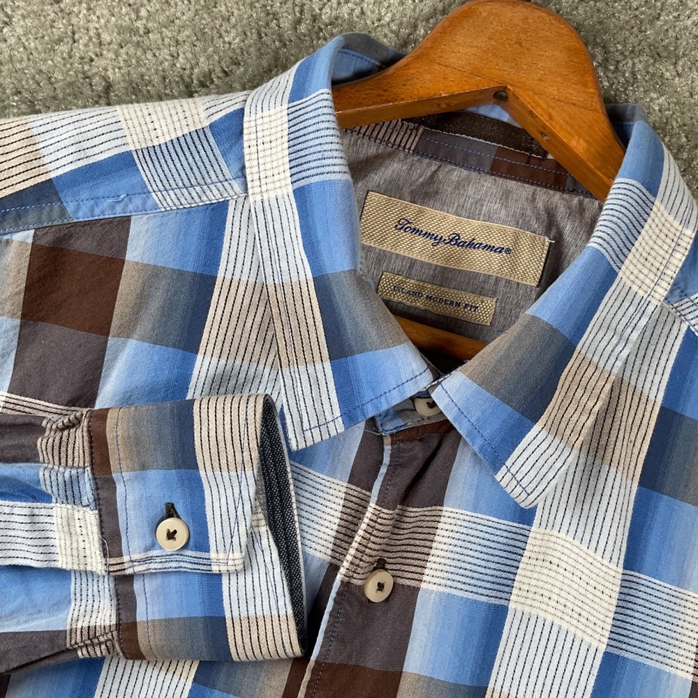 Tommy Bahama Button Down Shirt Mens Large Blue Plaid Silk Cotton Modern Fit